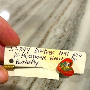 1950’s Vintage Orange Heart Pin with Butterfly heart hand painted breath-taking